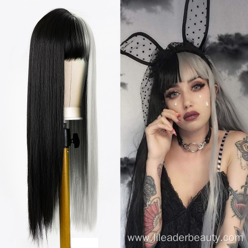 Half Black Half Grey Straight Wig For Girls